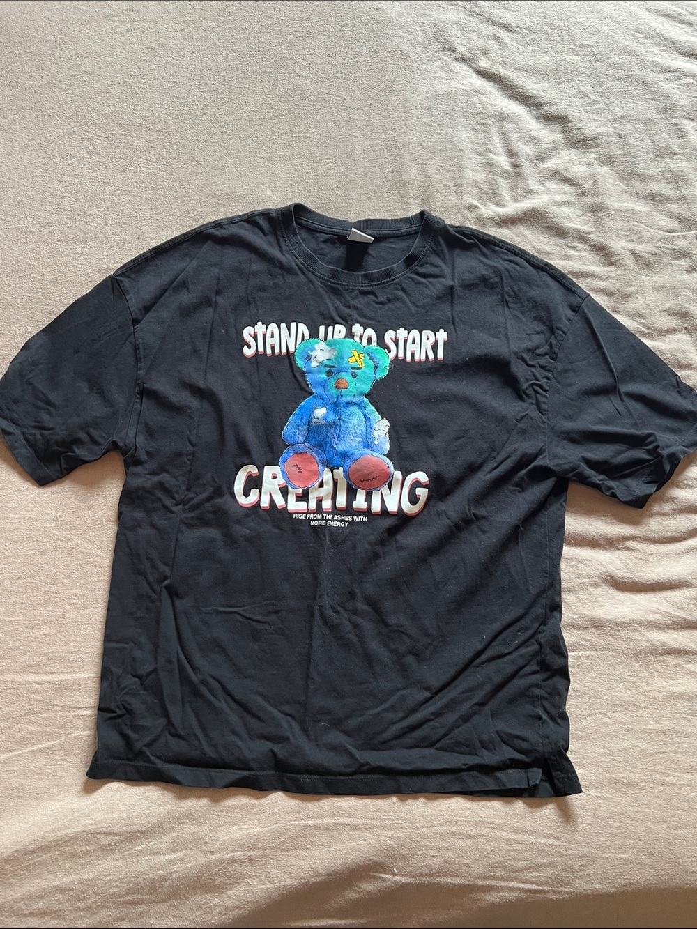 Bershka Black Tee with Blue Teddy Bear Graphic